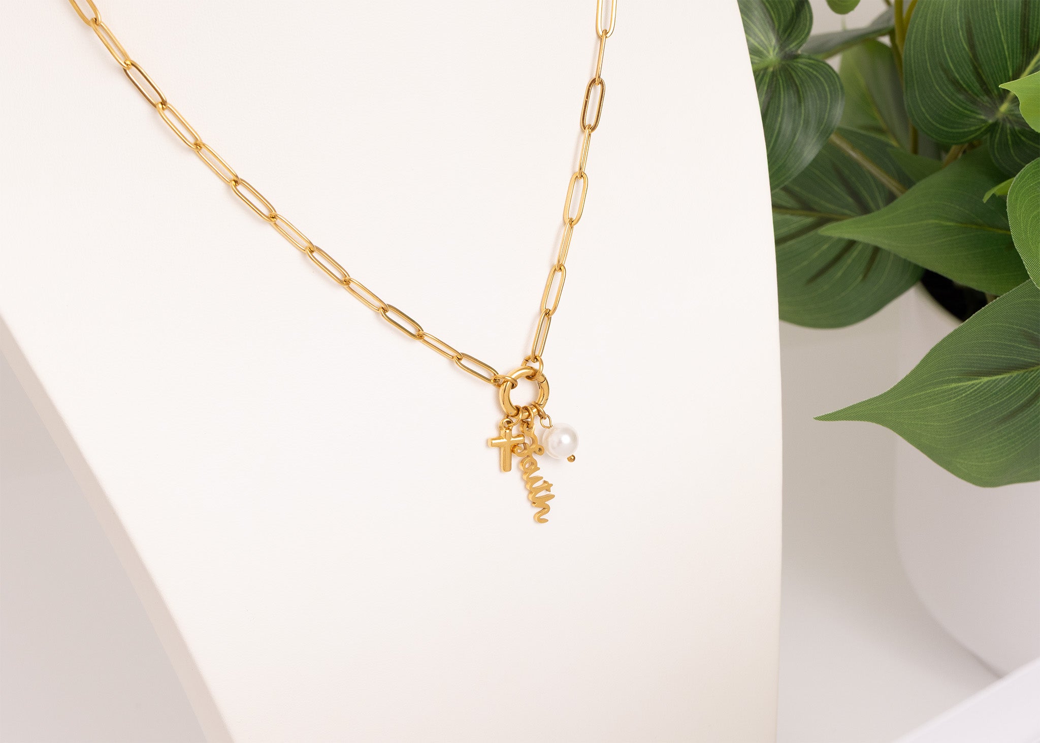 18K Gold PVD Stainless Steel Faith Charm Holder Necklace Gift Set