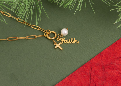 18K Gold PVD Stainless Steel Faith Charm Holder Necklace Gift Set