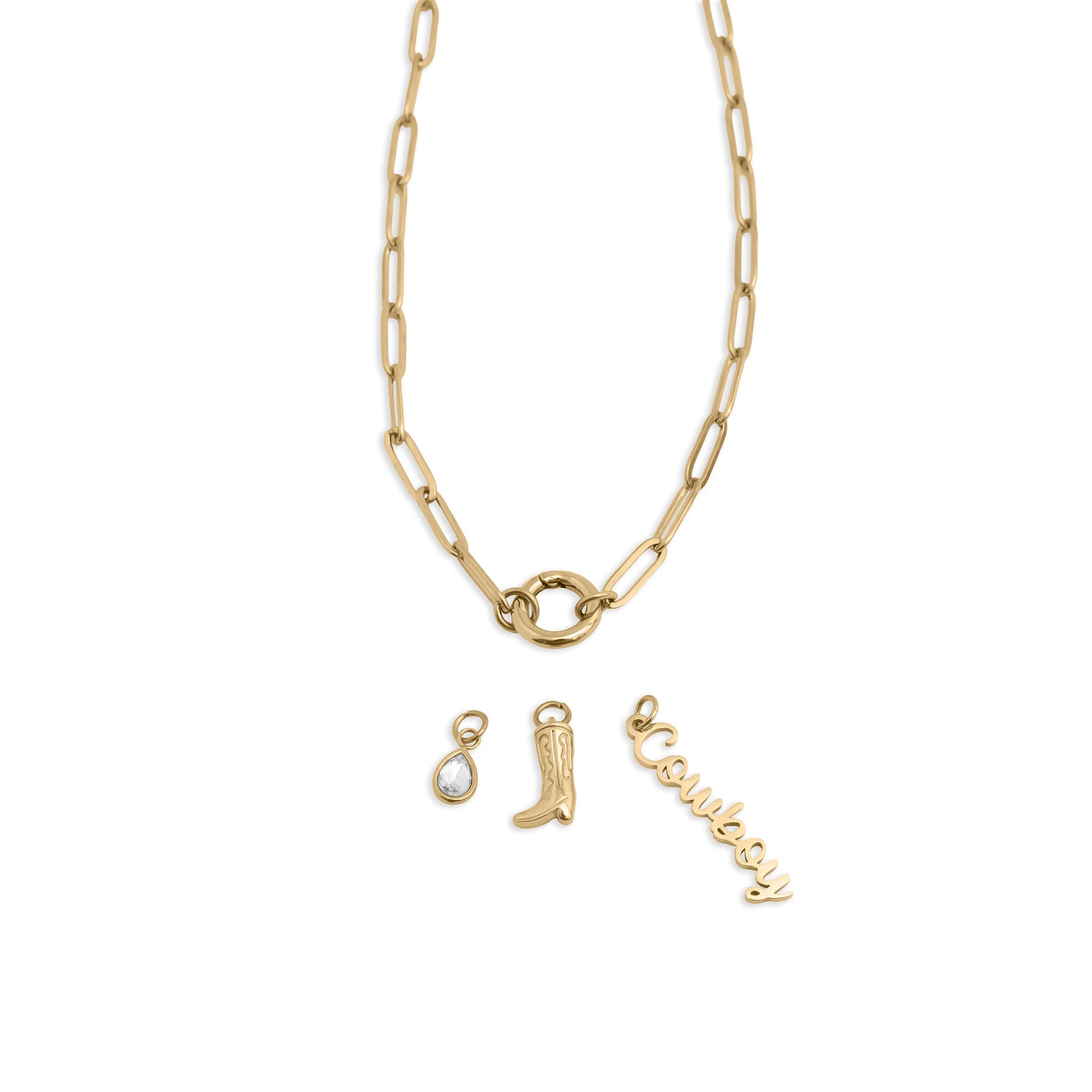 18K Gold PVD Stainless Steel Cowboy Charm Holder Necklace Gift Set