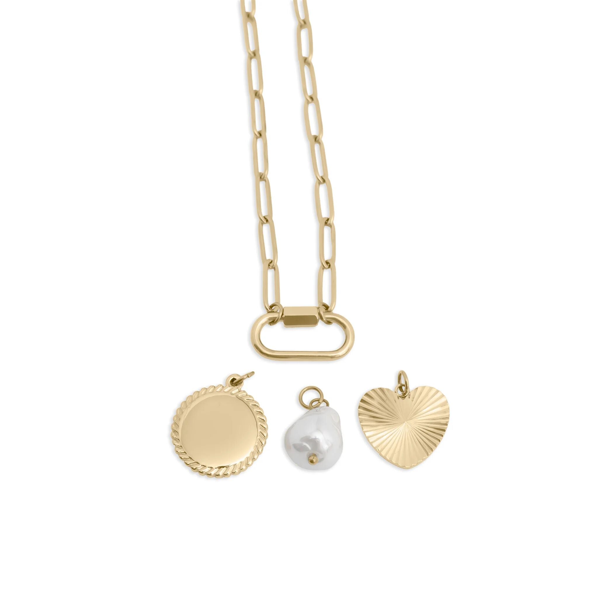 18K Gold PVD Stainless Steel Pearl Sunburst Charm Holder Necklace Gift Set