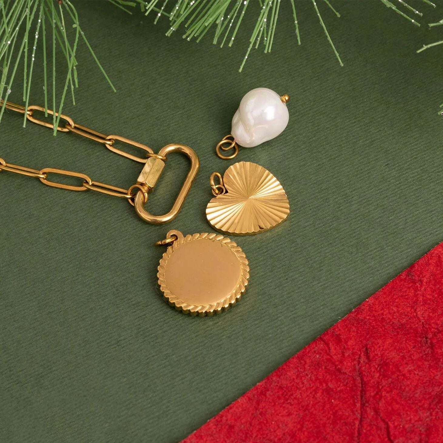 18K Gold PVD Stainless Steel Pearl Sunburst Charm Holder Necklace Gift Set