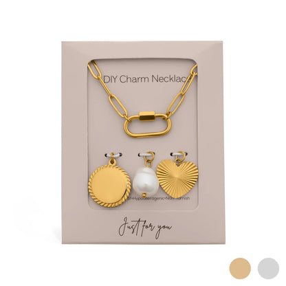 18K Gold PVD Stainless Steel Pearl Sunburst Charm Holder Necklace Gift Set