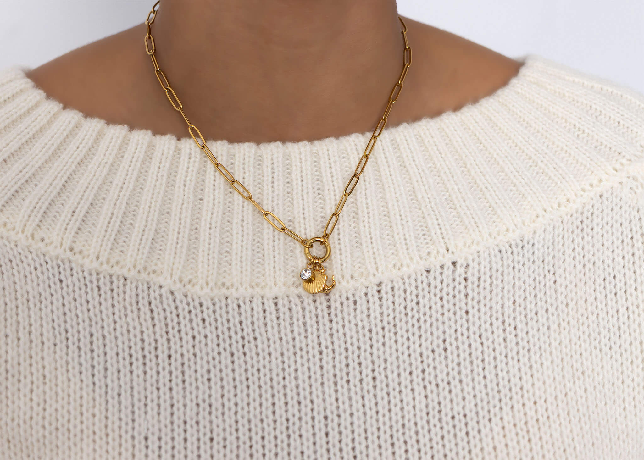 18K Gold PVD Stainless Steel Shell Anchor Charm Holder Necklace Gift Set