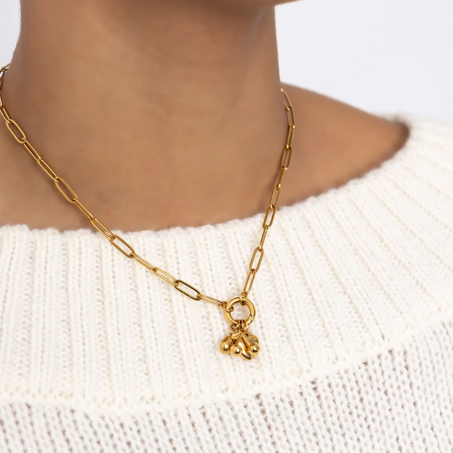 18K Gold PVD Stainless Steel Cherry Love Charm Holder Necklace Gift Set