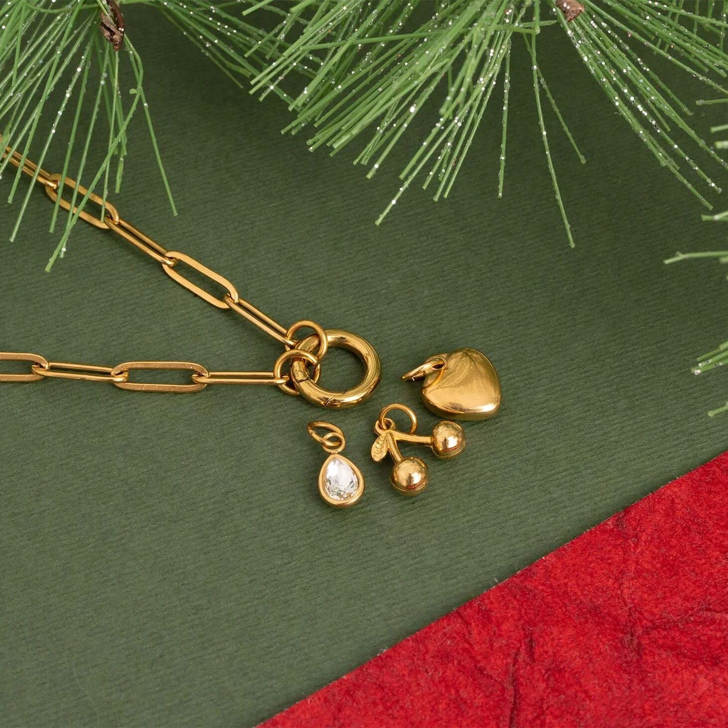 18K Gold PVD Stainless Steel Cherry Love Charm Holder Necklace Gift Set