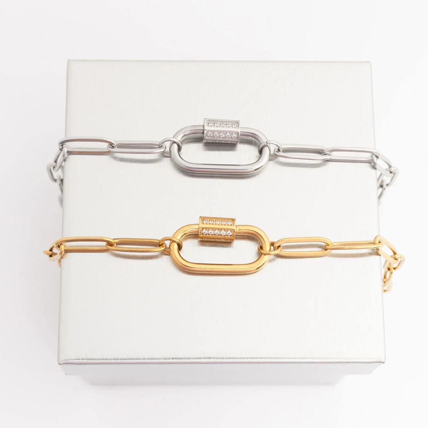 18K Gold PVD Stainless Steel CZ Stone Carabiner Necklace