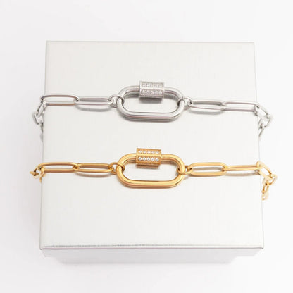18K Gold PVD Stainless Steel CZ Stone Carabiner Necklace