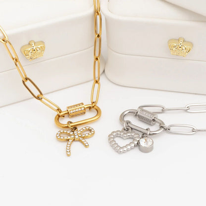 18K Gold PVD Stainless Steel CZ Stone Carabiner Necklace