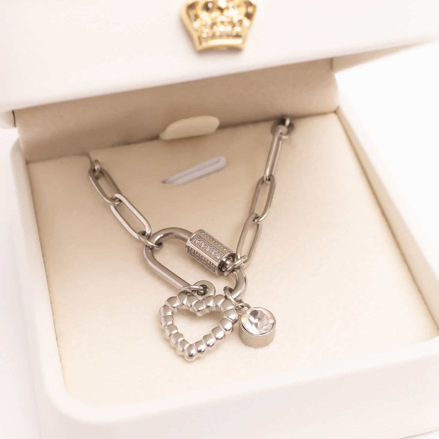 18K Gold PVD Stainless Steel CZ Stone Carabiner Necklace