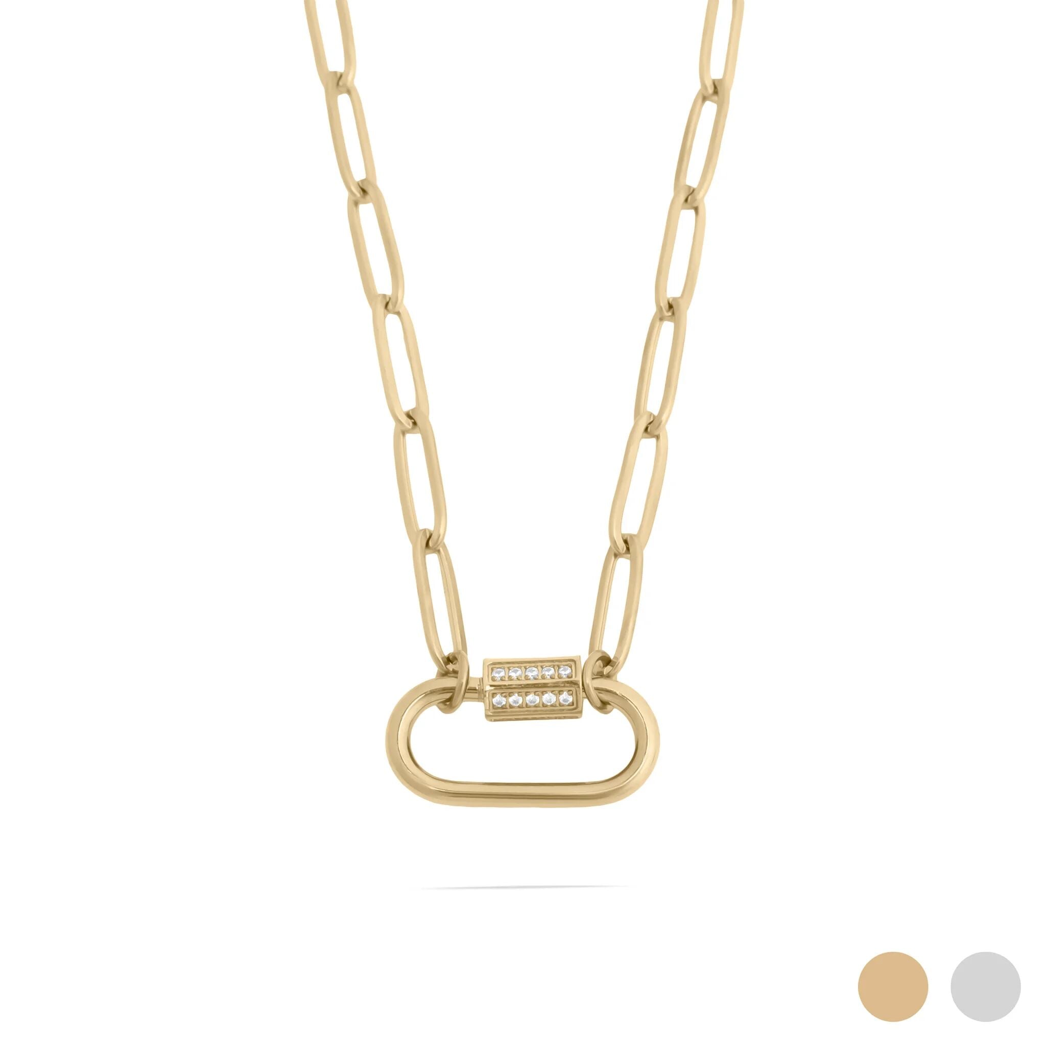 18K Gold PVD Stainless Steel CZ Stone Carabiner Necklace