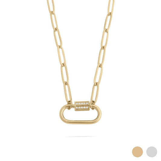 18K Gold PVD Stainless Steel CZ Stone Carabiner Necklace