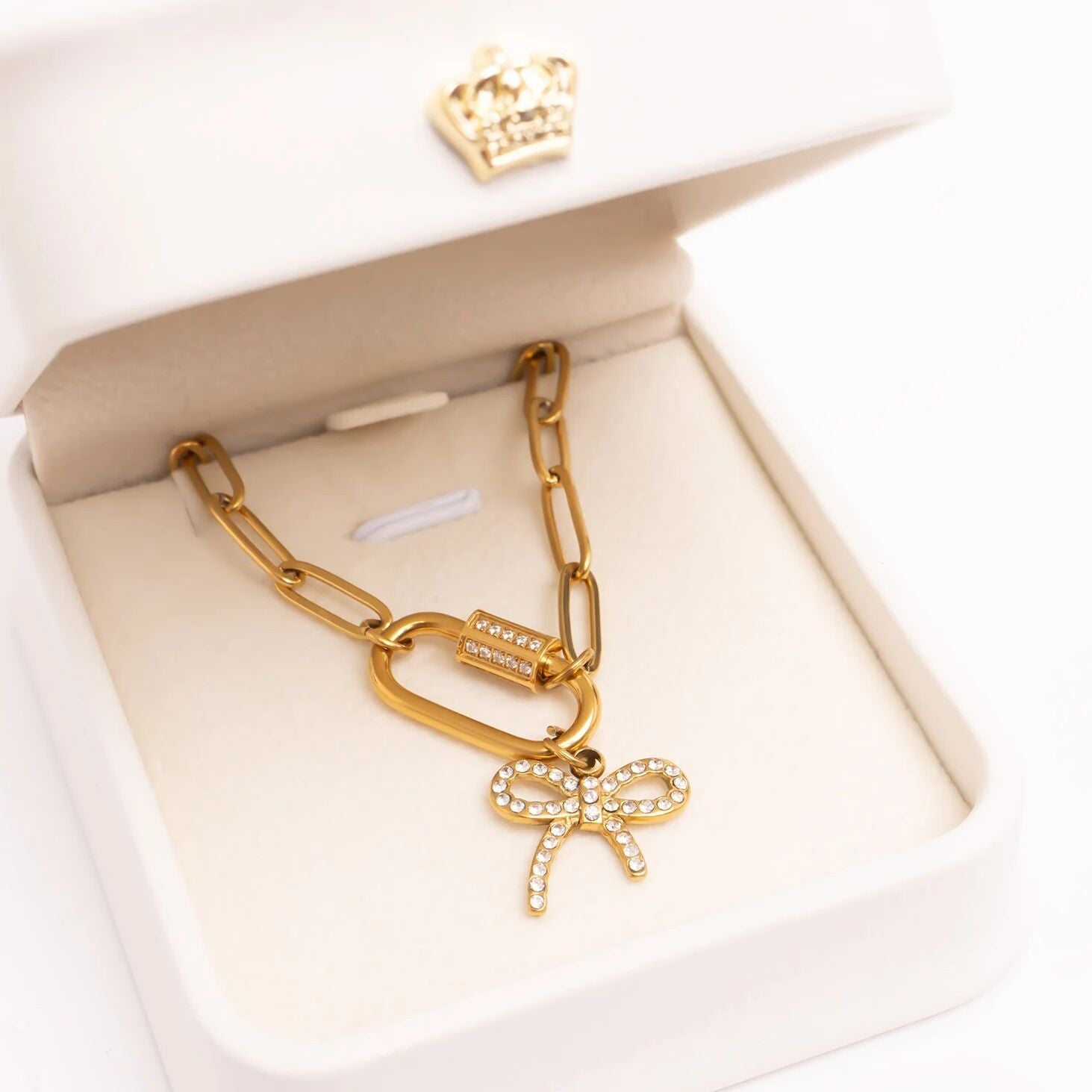 18K Gold PVD Stainless Steel CZ Stone Carabiner Necklace