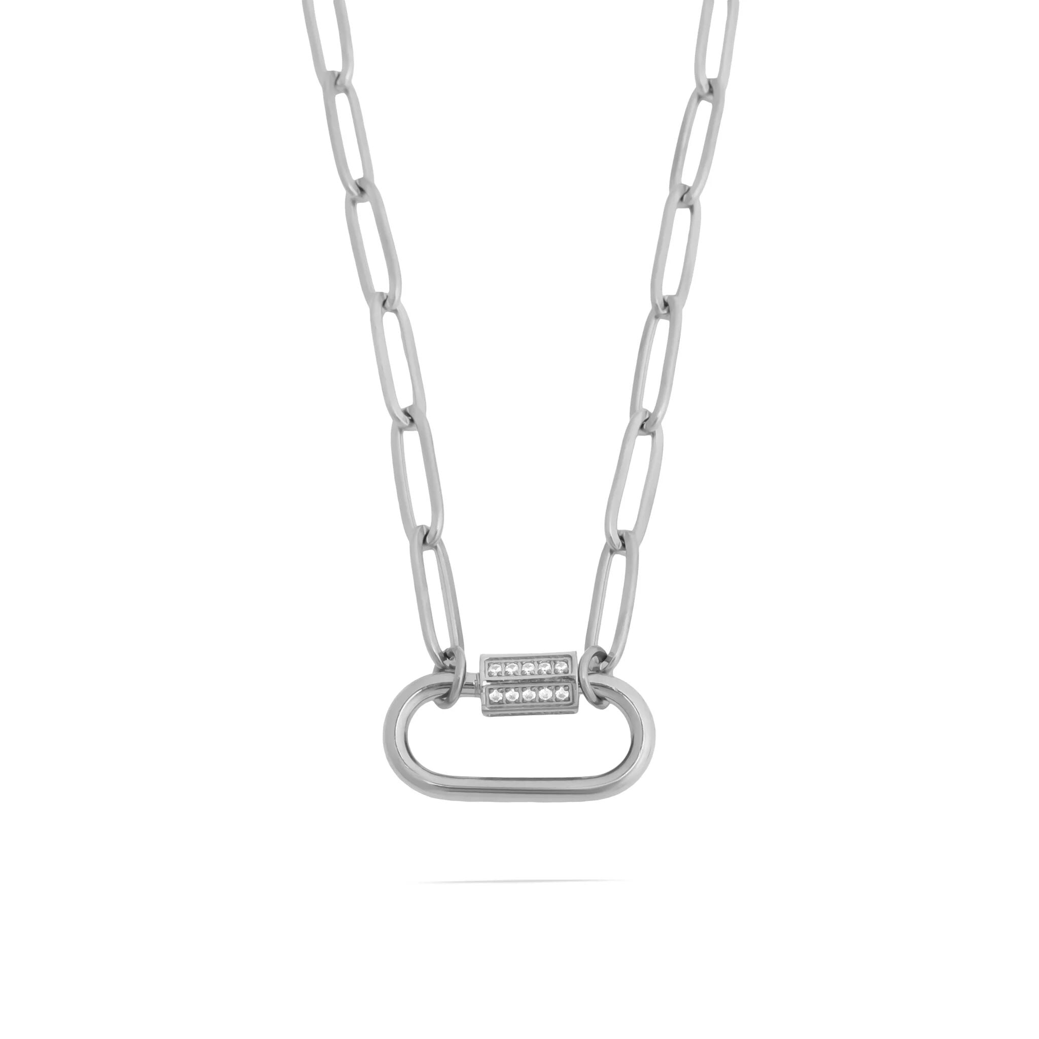 18K Gold PVD Stainless Steel CZ Stone Carabiner Necklace