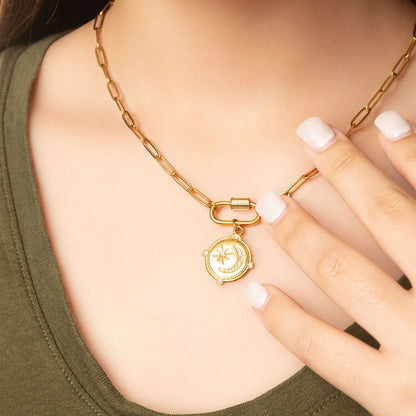 18K Gold PVD Stainless Steel CZ Stone Carabiner Necklace