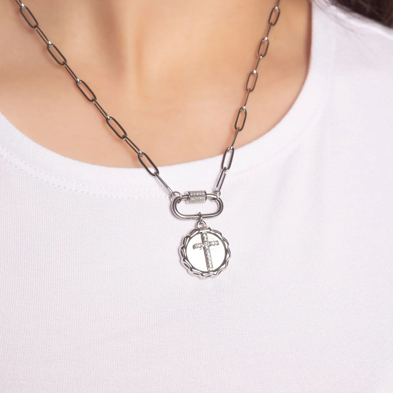 18K Gold PVD Stainless Steel CZ Stone Carabiner Necklace
