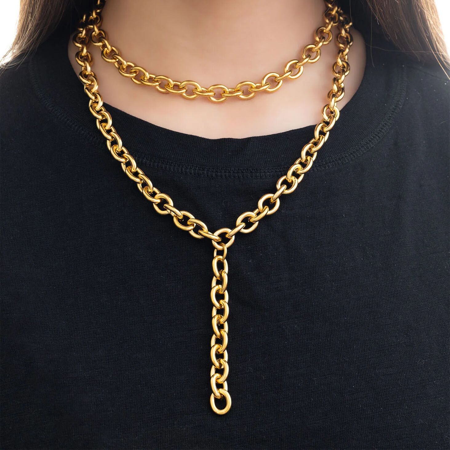 18K Gold PVD Stainless Steel Chunky Chain Lariat Necklace