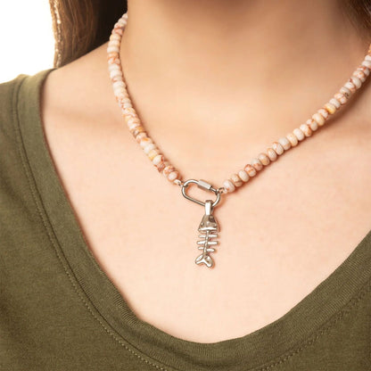 Stainless Steel Chunky Glass Bead Carabiner Necklace