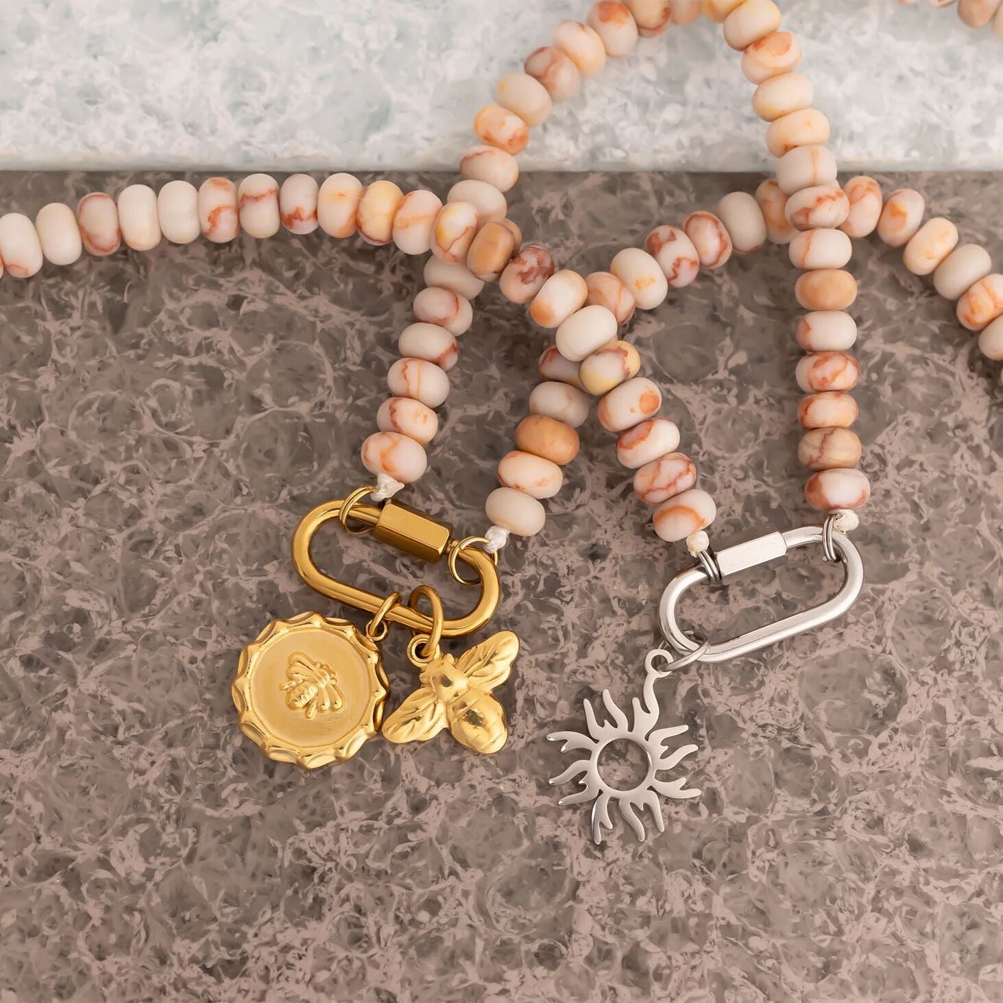 Stainless Steel Chunky Glass Bead Carabiner Necklace