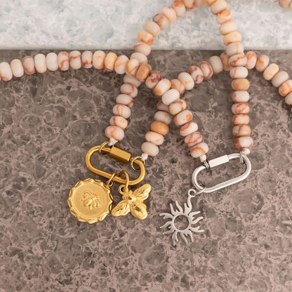 Stainless Steel Chunky Glass Bead Carabiner Necklace