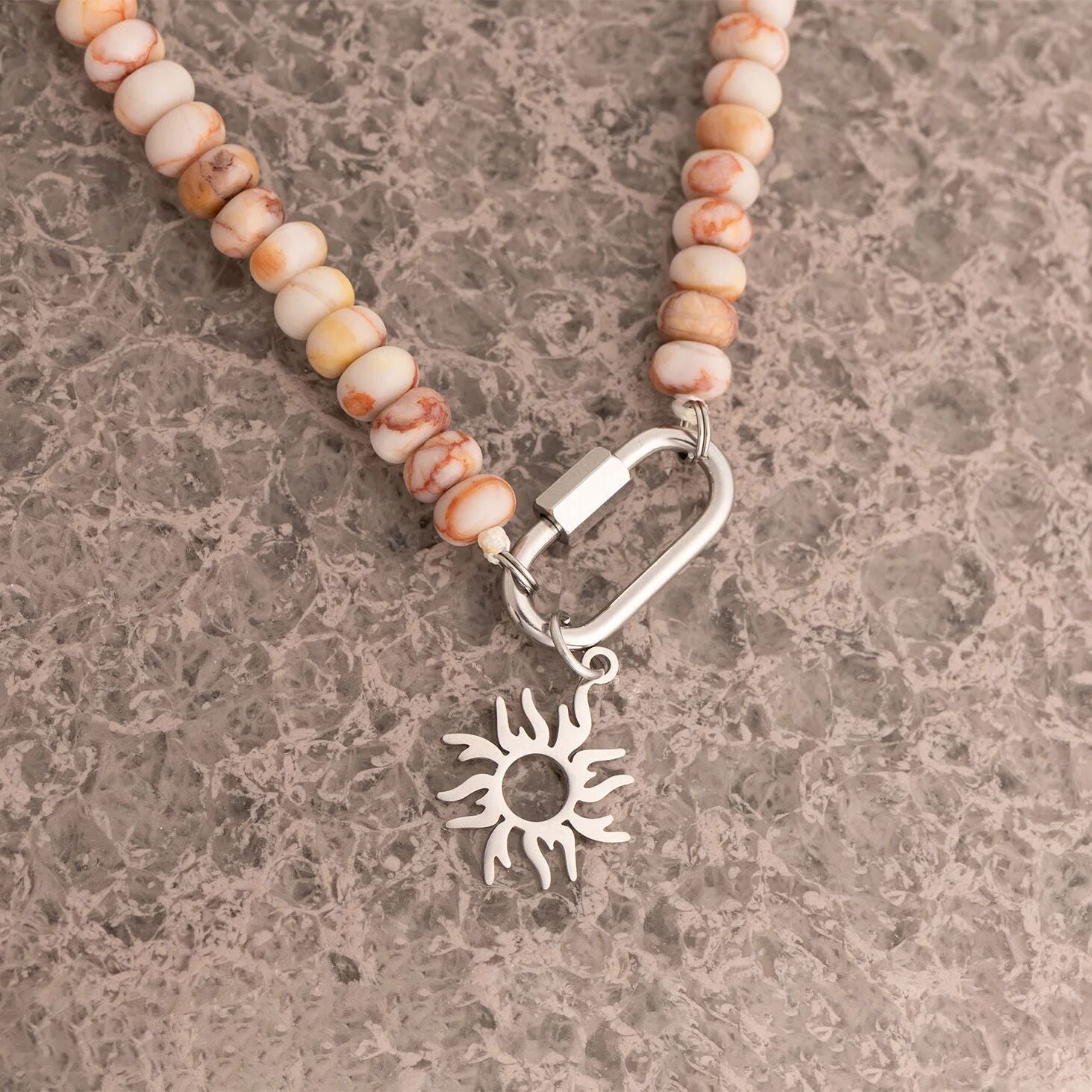 Stainless Steel Chunky Glass Bead Carabiner Necklace
