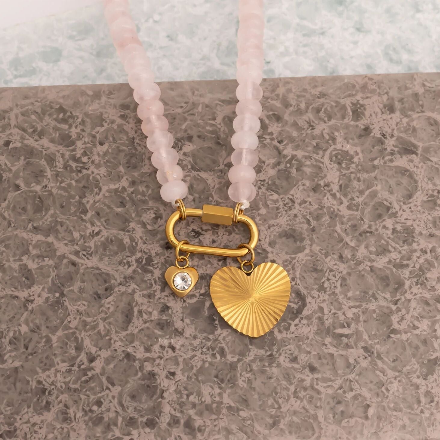 Stainless Steel Pink Chunky Glass Bead Carabiner Necklace