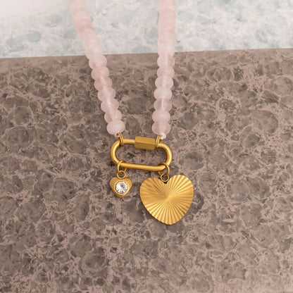 Stainless Steel Pink Chunky Glass Bead Carabiner Necklace