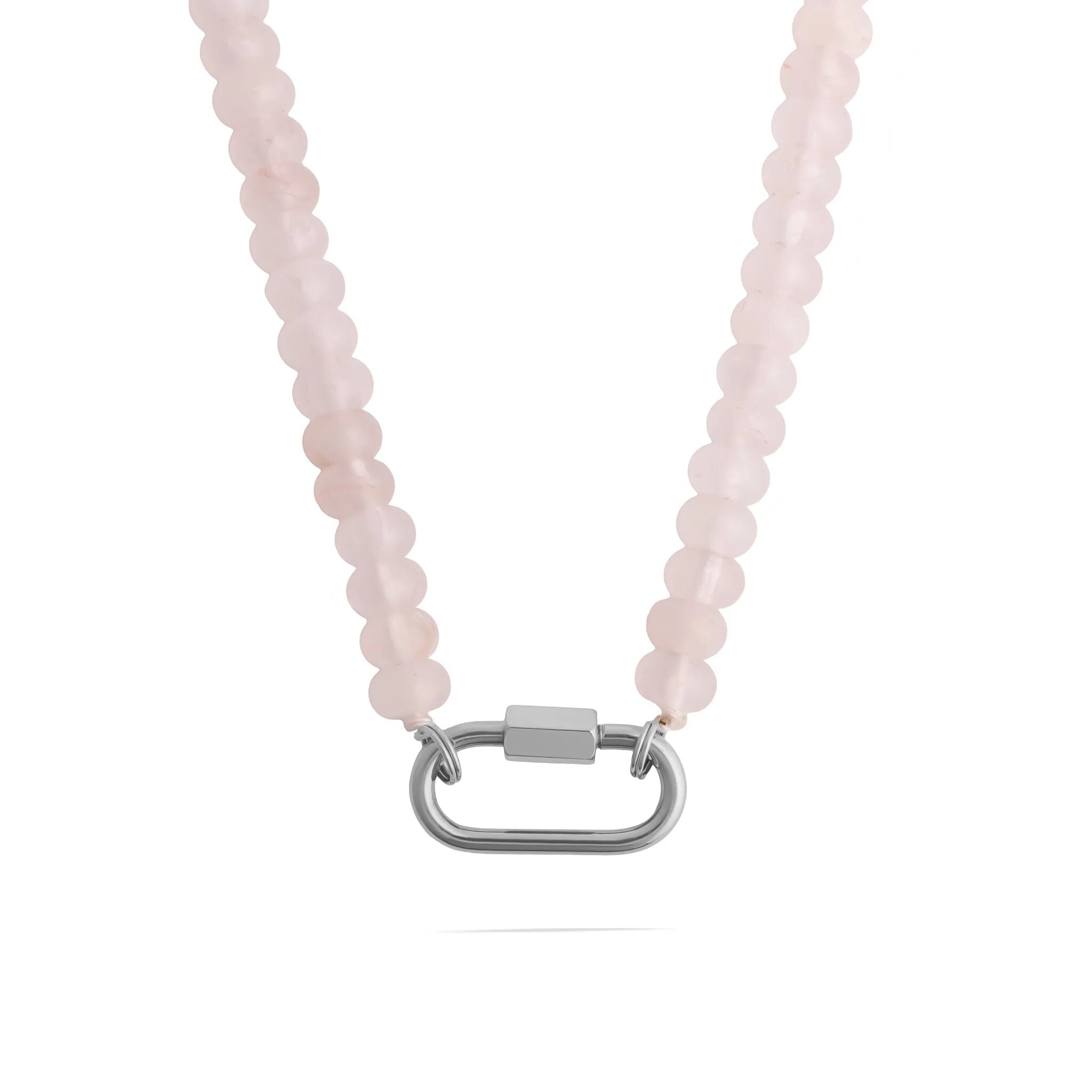 Carabiner Beaded Necklace with pink beads and a silver clasp on a white background