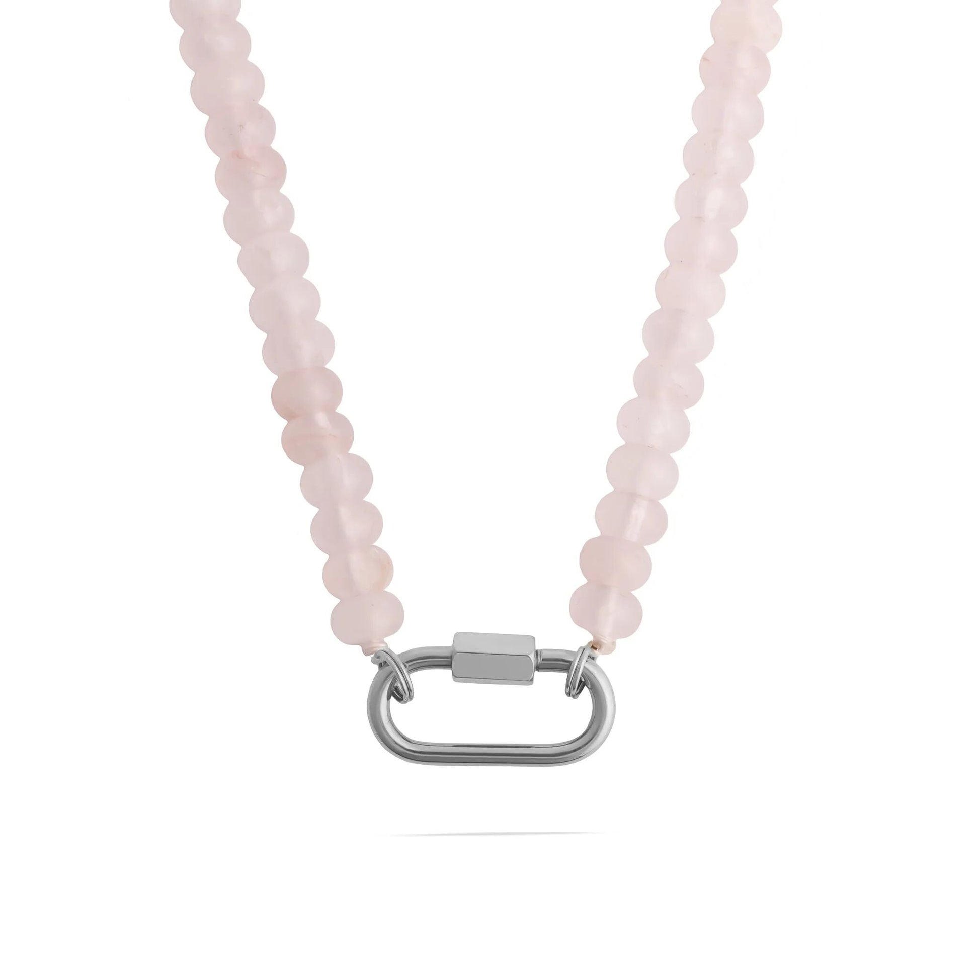 Carabiner Beaded Necklace with pink beads and a silver clasp on a white background