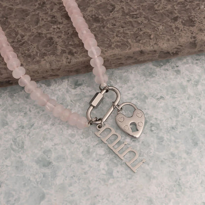 Stainless Steel Pink Chunky Glass Bead Carabiner Necklace