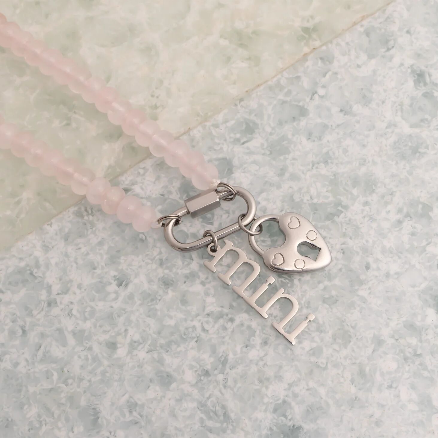 Stainless Steel Pink Chunky Glass Bead Carabiner Necklace