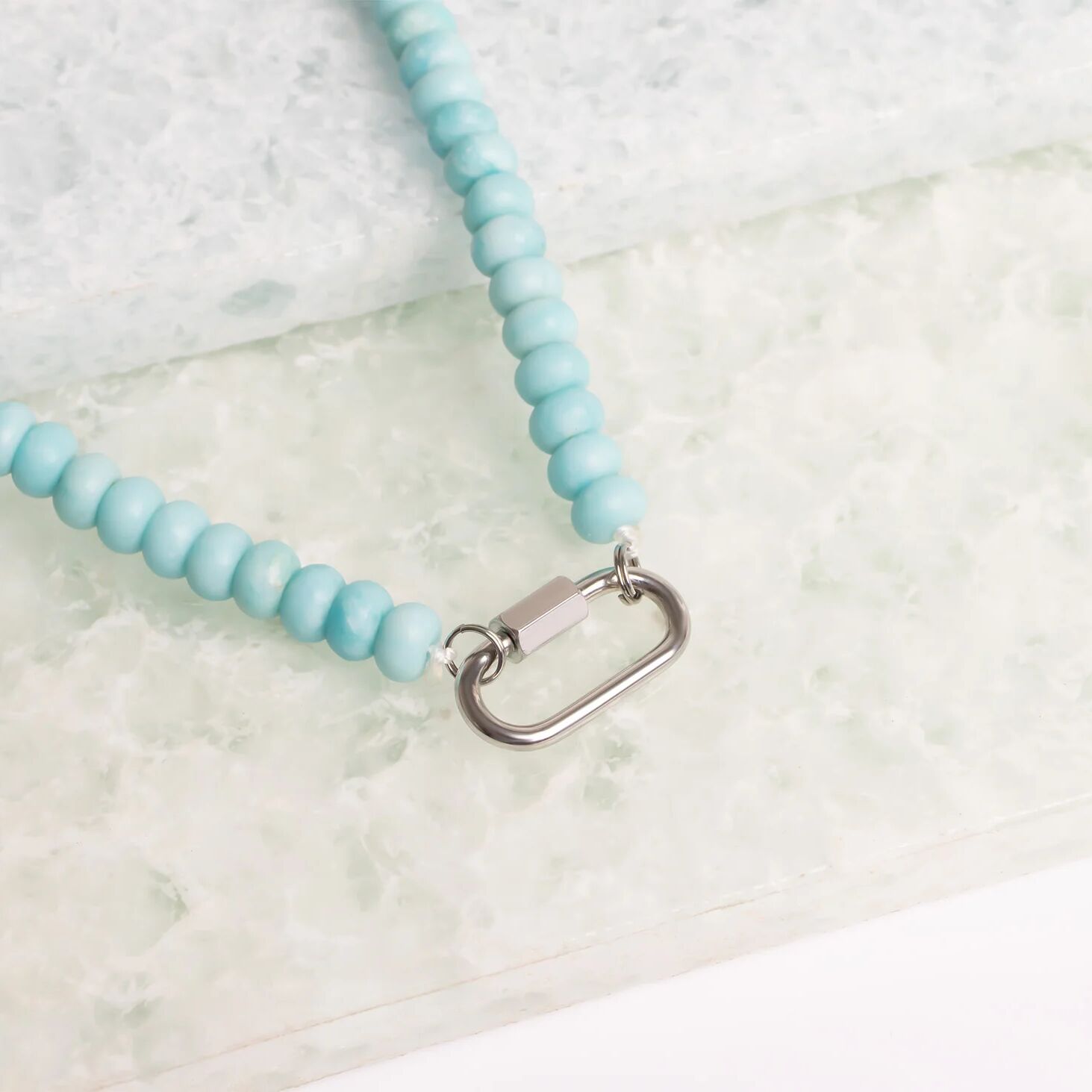 Stainless Steel Turquoise Chunky Glass Bead Carabiner Necklace