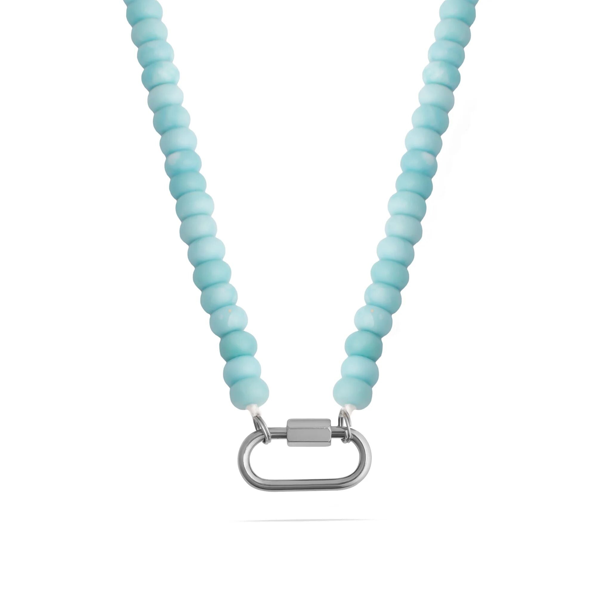 Light blue beaded necklace with a silver clasp on a white background
