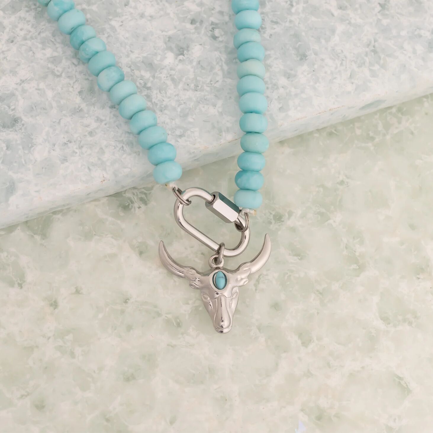 Stainless Steel Turquoise Chunky Glass Bead Carabiner Necklace