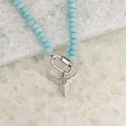Stainless Steel Turquoise Chunky Glass Bead Carabiner Necklace