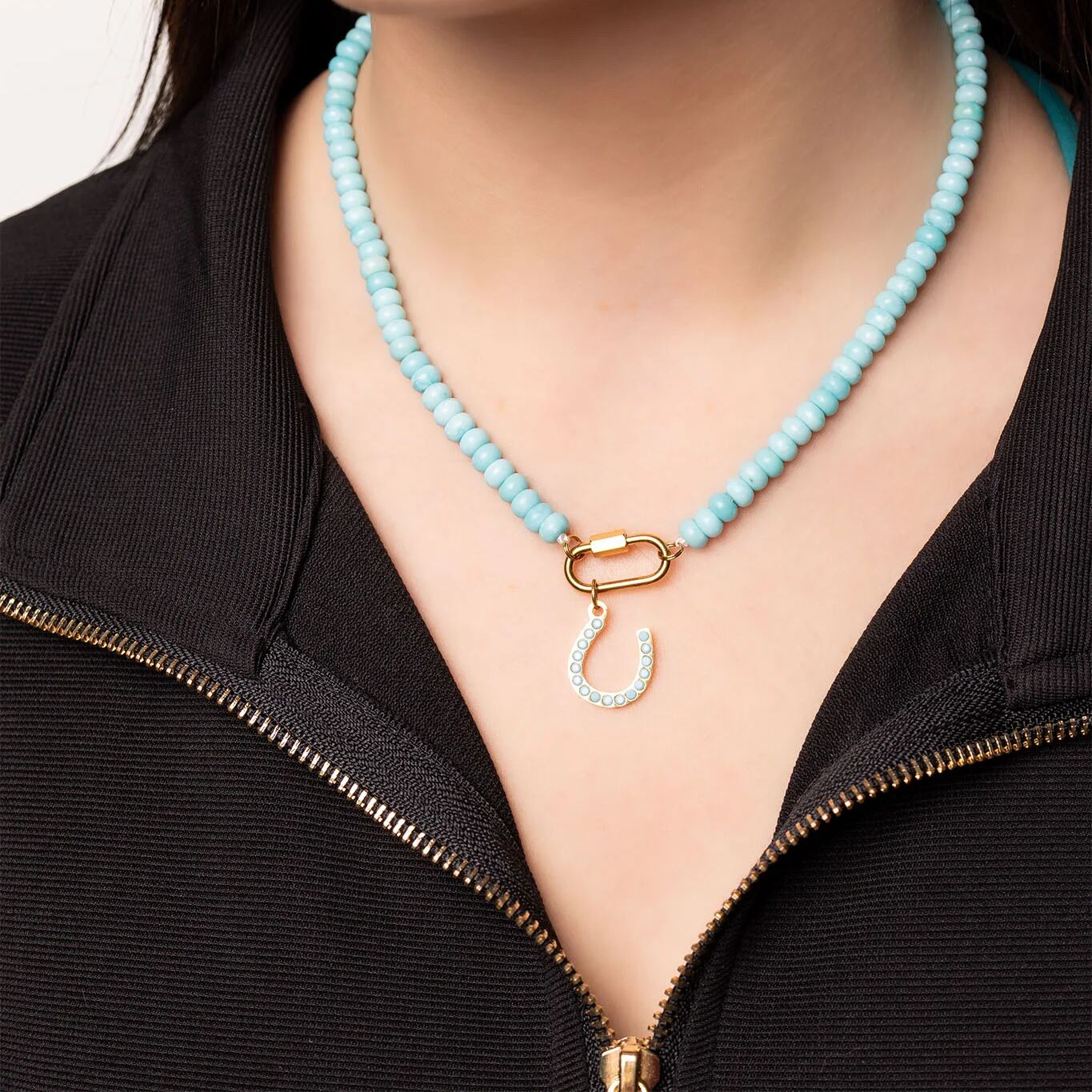 Stainless Steel Turquoise Chunky Glass Bead Carabiner Necklace
