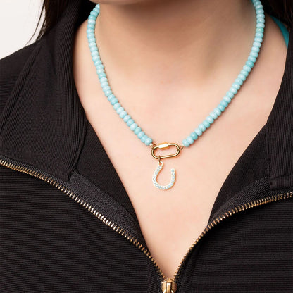 Stainless Steel Turquoise Chunky Glass Bead Carabiner Necklace