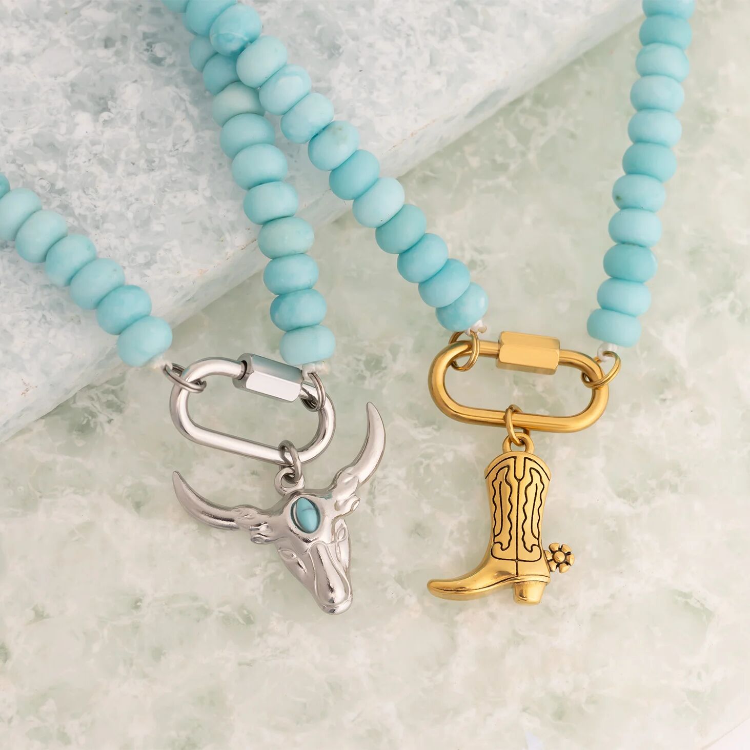 Stainless Steel Turquoise Chunky Glass Bead Carabiner Necklace