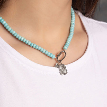 Stainless Steel Turquoise Chunky Glass Bead Carabiner Necklace