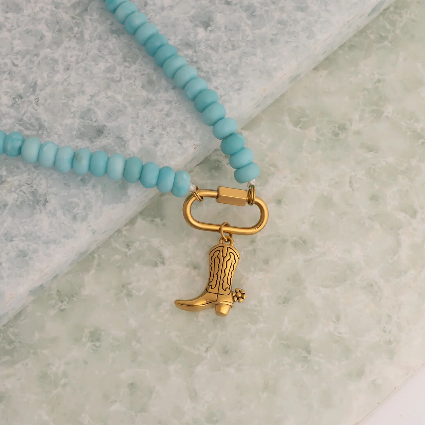 Stainless Steel Turquoise Chunky Glass Bead Carabiner Necklace