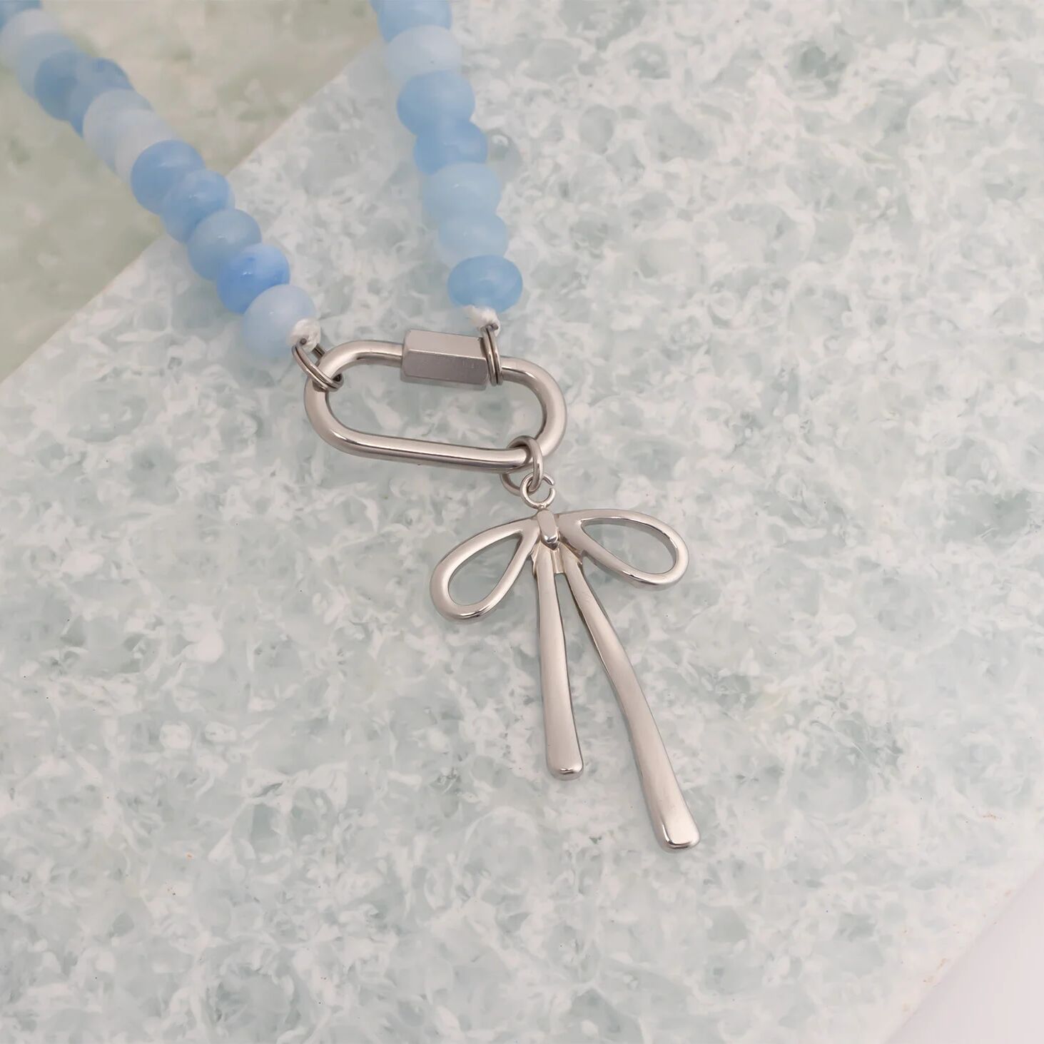Stainless Steel  Blue Chunky Glass Bead Carabiner Necklace