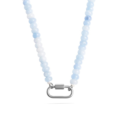 Necklace with light blue and white beaded chain and silver clasp on a white background