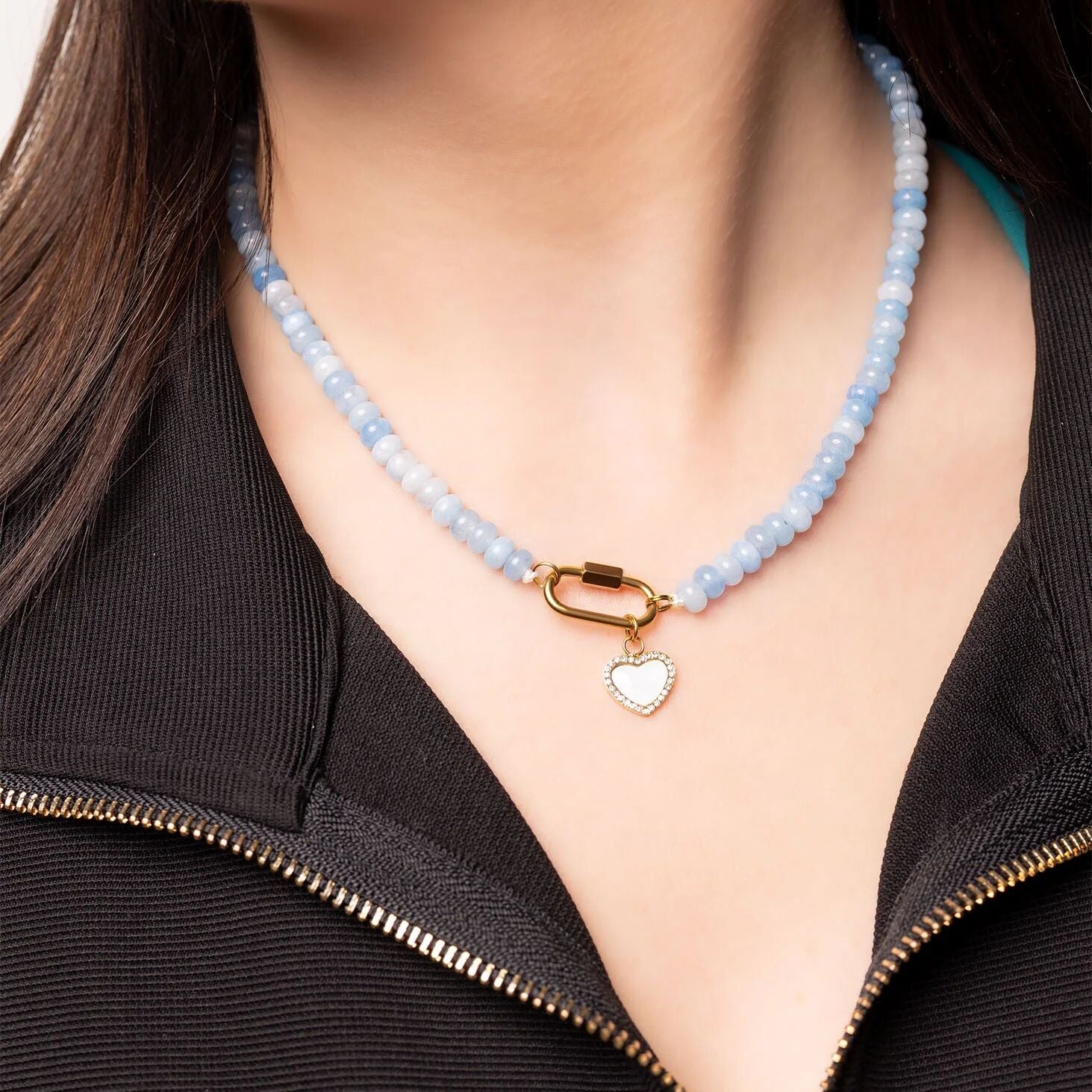 Stainless Steel  Blue Chunky Glass Bead Carabiner Necklace