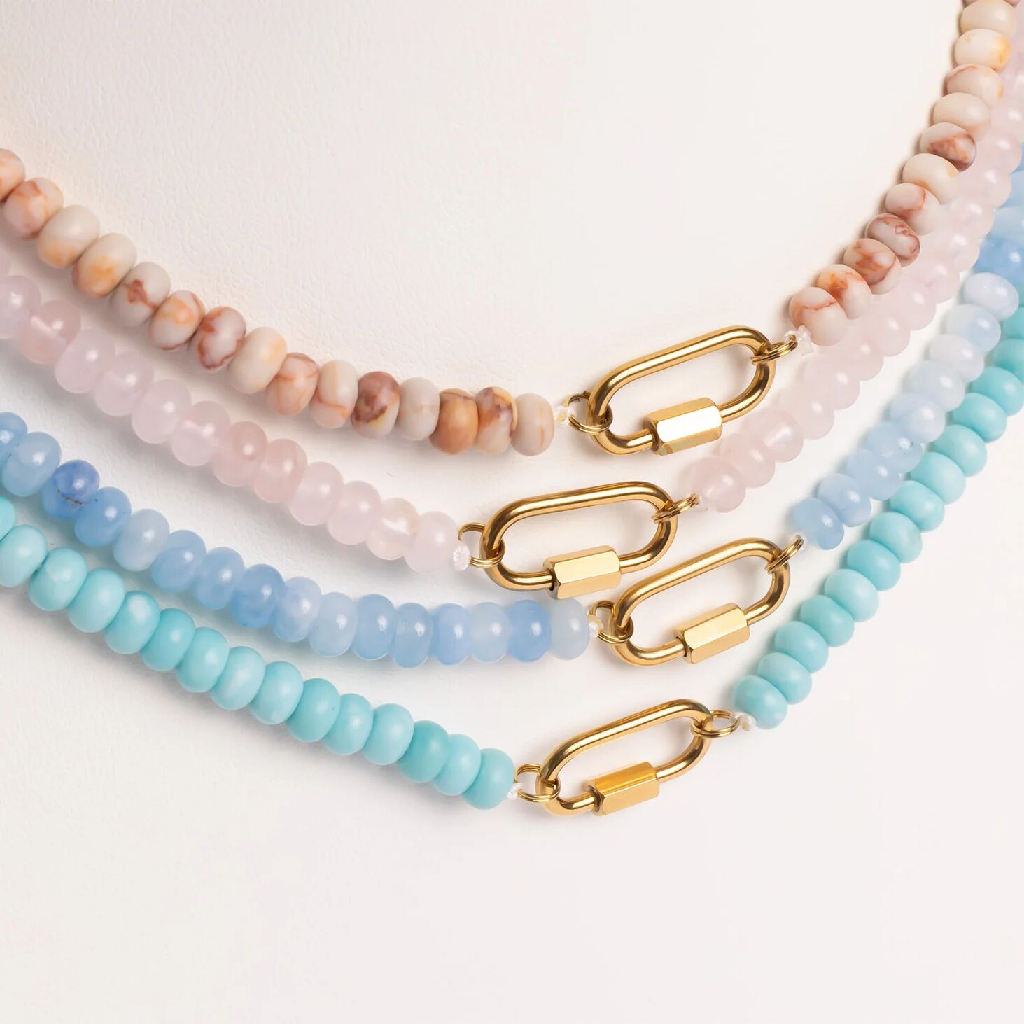 Stainless Steel Pink Chunky Glass Bead Carabiner Necklace