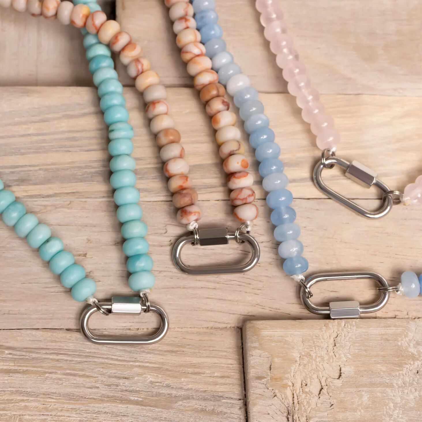 Stainless Steel Chunky Glass Bead Carabiner Necklace