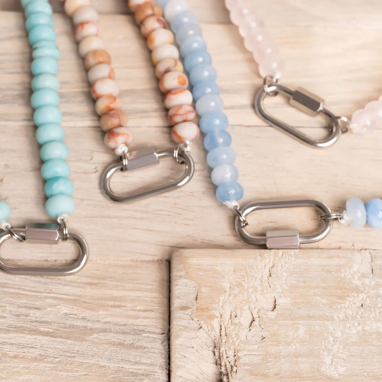 Stainless Steel Pink Chunky Glass Bead Carabiner Necklace