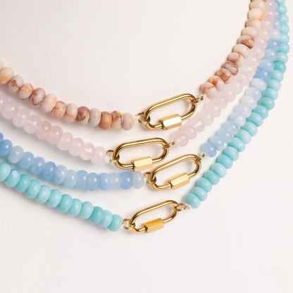Stainless Steel Turquoise Chunky Glass Bead Carabiner Necklace
