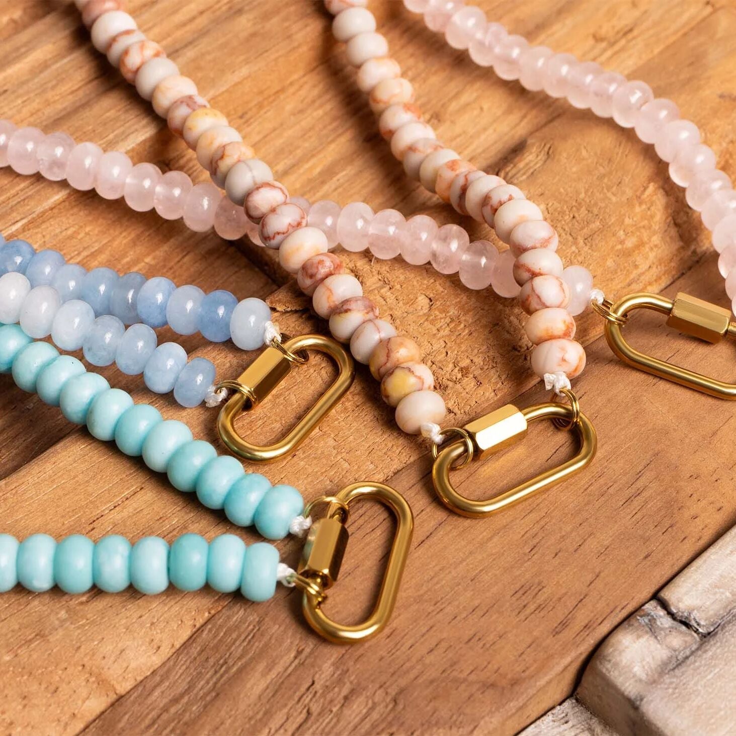 Stainless Steel Chunky Glass Bead Carabiner Necklace