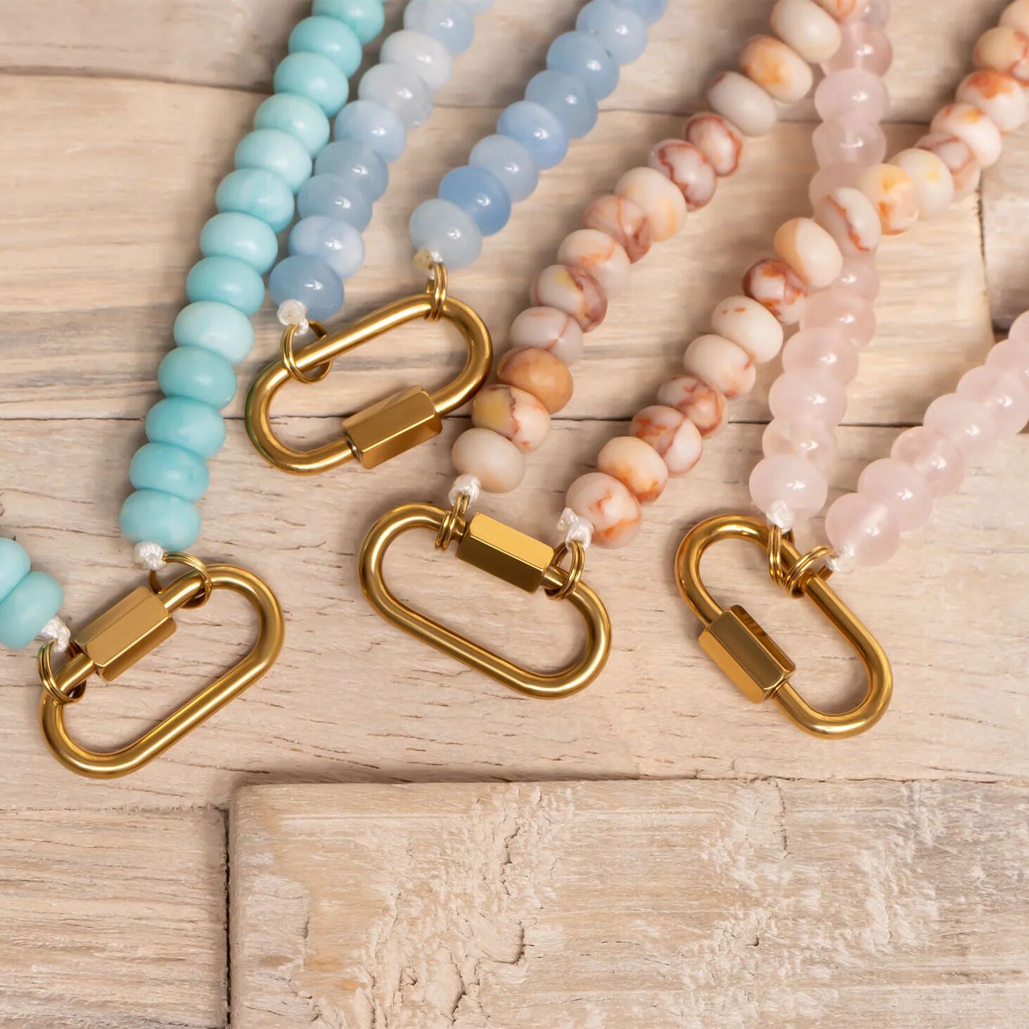 Stainless Steel Turquoise Chunky Glass Bead Carabiner Necklace
