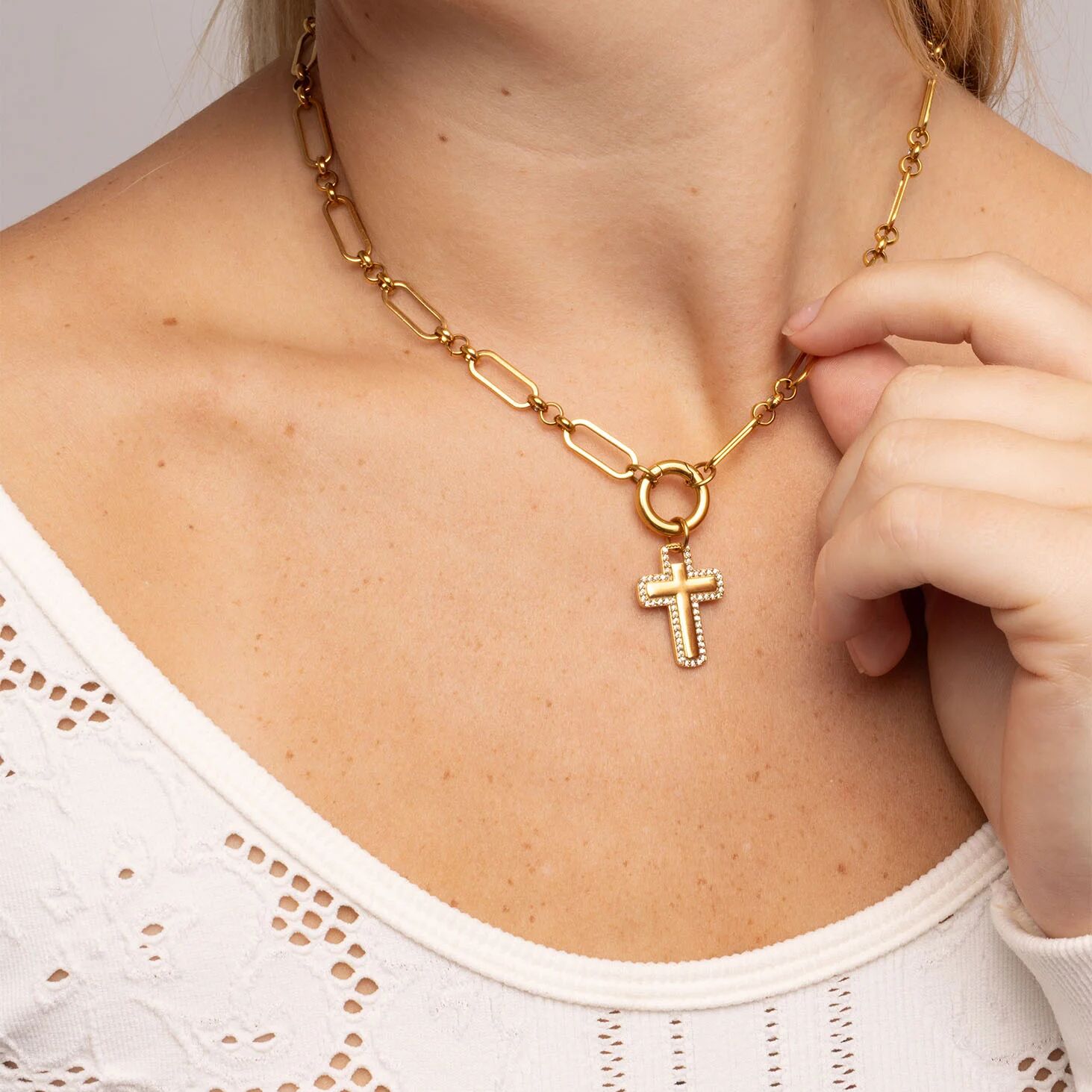 18K Gold PVD Stainless Steel Long Paperclip Charm Holder Necklace