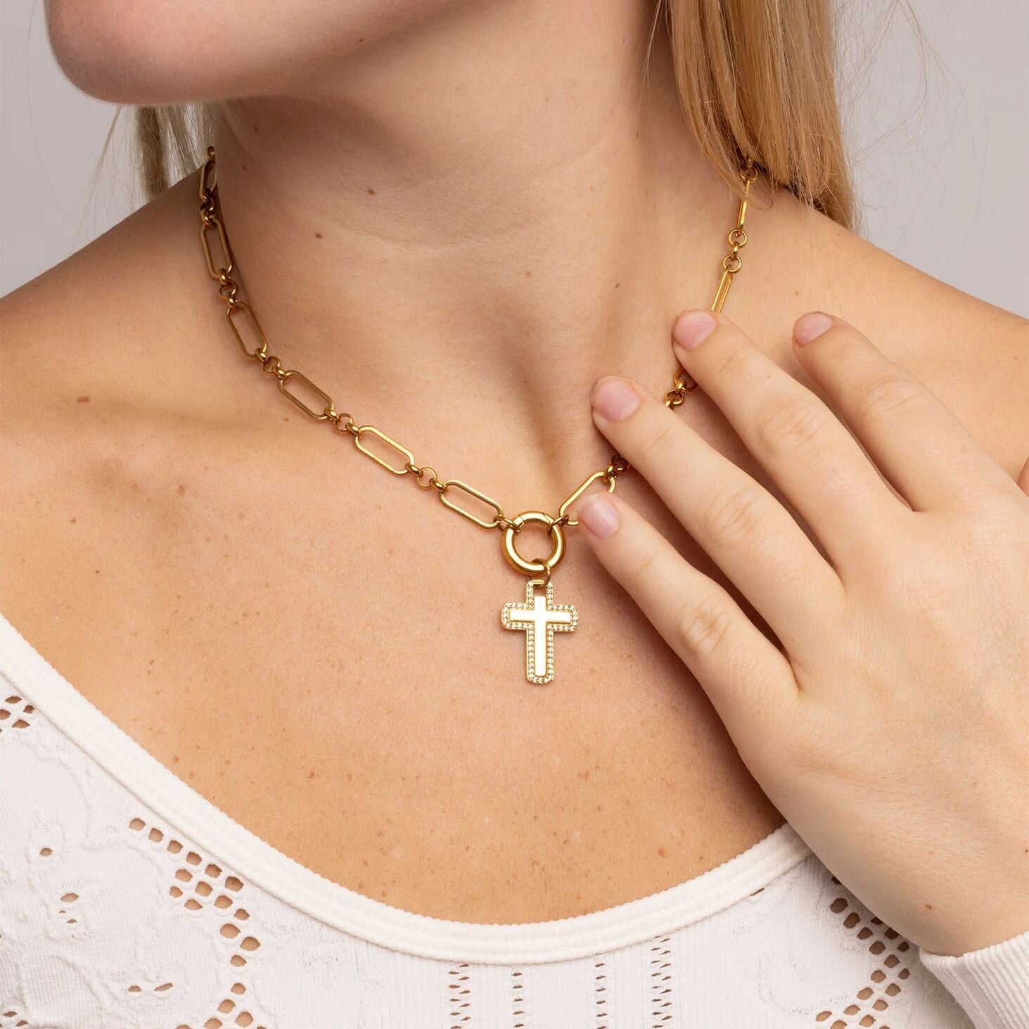 18K Gold PVD Stainless Steel Long Paperclip Charm Holder Necklace